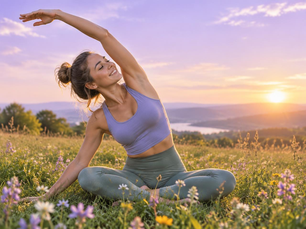 Woman stretching in a meadow at sunset