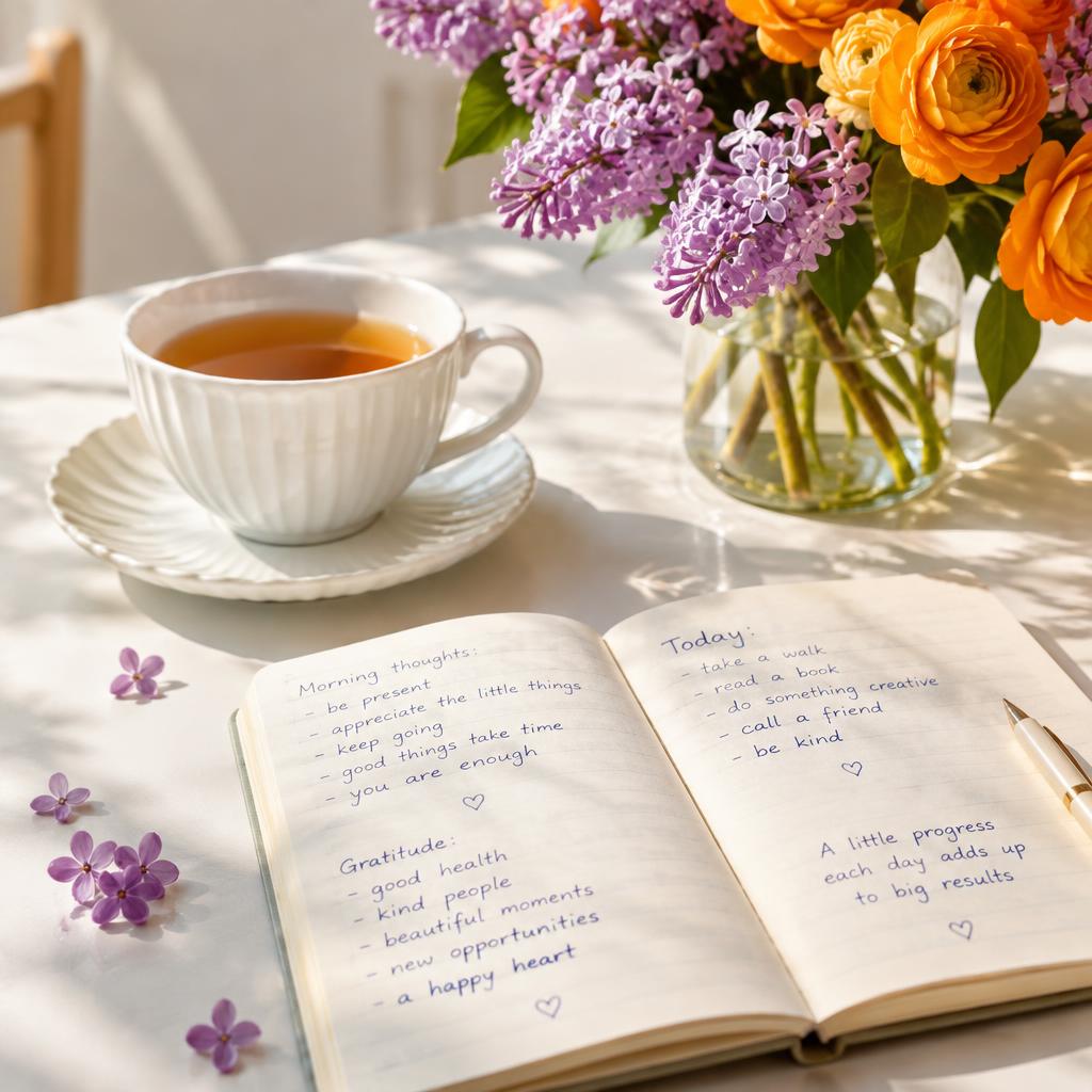 Journal, tea and flowers